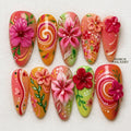 3D Floral Press On Nails, Pink Garden Flower Nails, Handmade Gel Nail Set