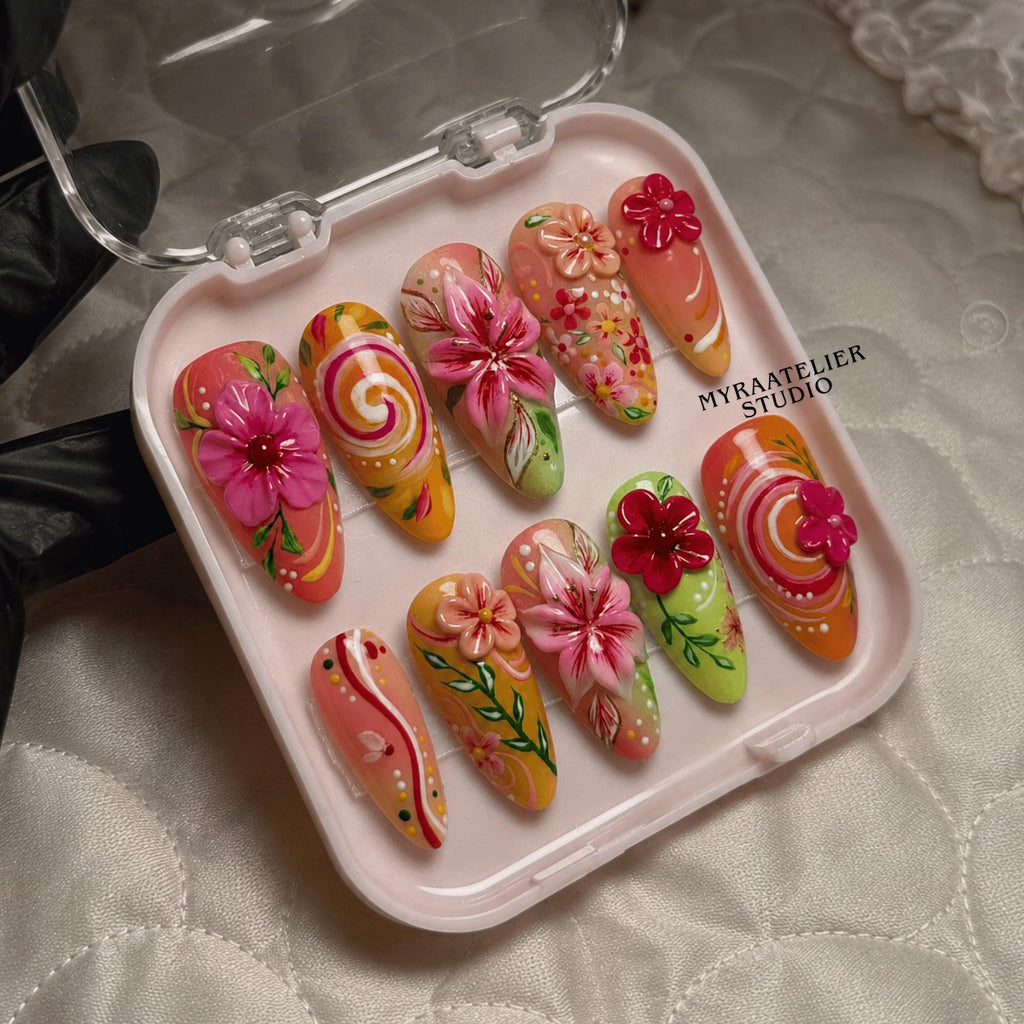 3D Floral Press On Nails, Pink Garden Flower Nails, Handmade Gel Nail Set