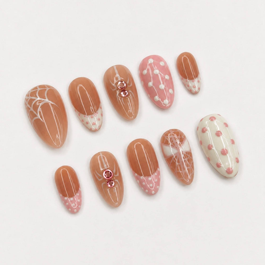 Pink Gothic Press On Nails with Spider Art , Long Almond Handmade Nails , Halloween, Coquette, Gothic, Holiday Press on nail set | JB474WC