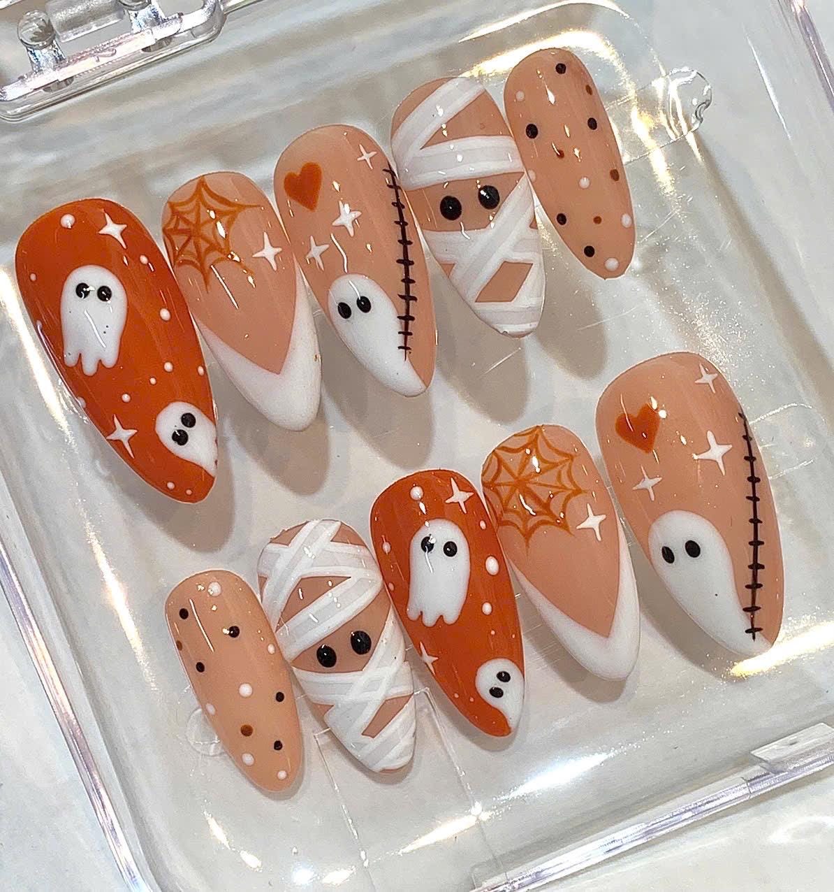 Halloween Ghost Mummy Press On Nails, Spooky Pumpkin Orange Nail Set