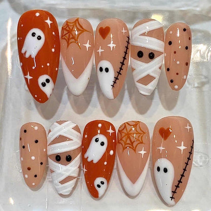 Halloween Ghost Mummy Press On Nails, Spooky Pumpkin Orange Nail Set
