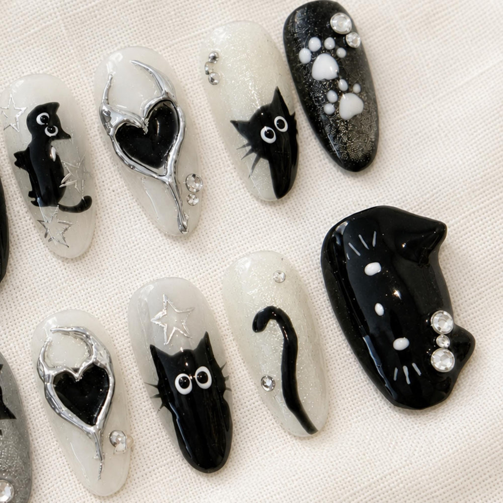 Black Cat Press On Nails, Spooky Cute Halloween Gothic Nail Set