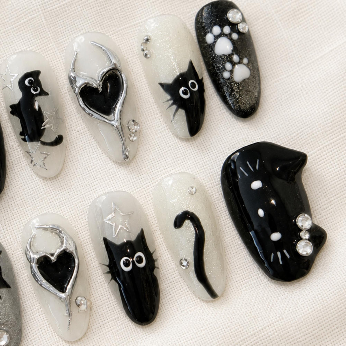 Black Cat Press On Nails, Spooky Cute Halloween Gothic Nail Set