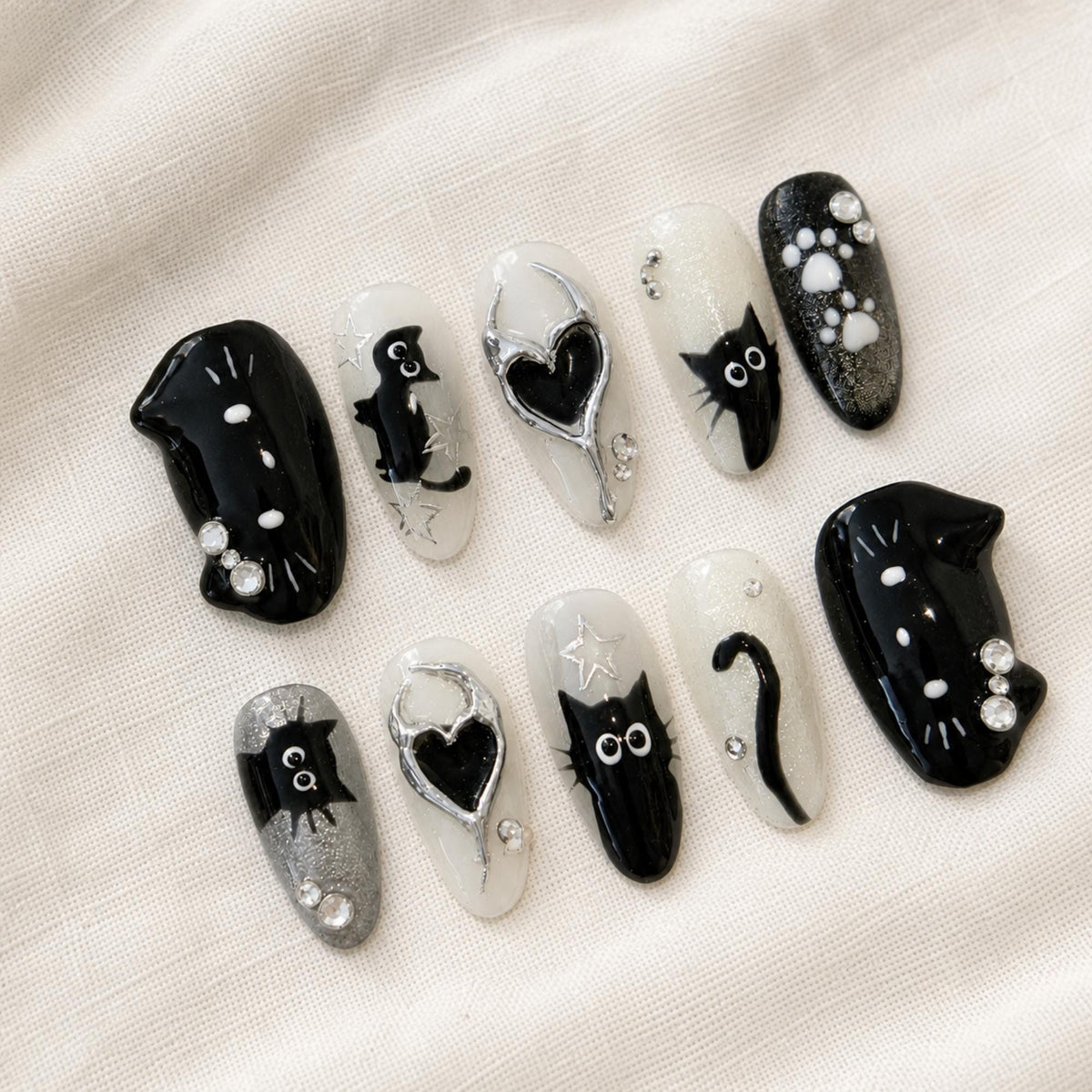 Black Cat Press On Nails, Spooky Cute Halloween Gothic Nail Set