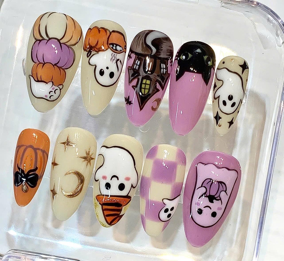 Halloween Press On Nails, Purple Ghost, Spooky Haunted House, Pumpkin Designs