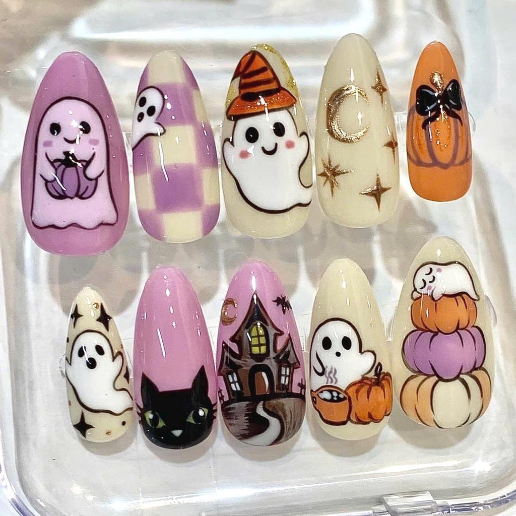 Halloween Press On Nails, Purple Ghost, Spooky Haunted House, Pumpkin Designs