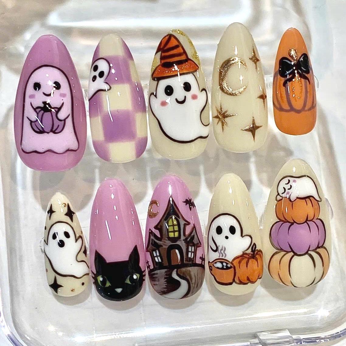 Halloween Press On Nails, Purple Ghost, Spooky Haunted House, Pumpkin Designs
