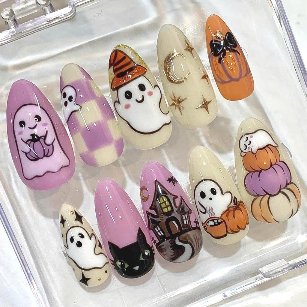 Halloween Press On Nails, Purple Ghost, Spooky Haunted House, Pumpkin Designs