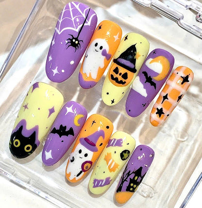 Halloween Press On Nails, Purple Ghost Pumpkin Witch Hat Black Cat Spooky Set