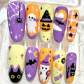 Halloween Press On Nails, Purple Ghost Pumpkin Witch Hat Black Cat Spooky Set