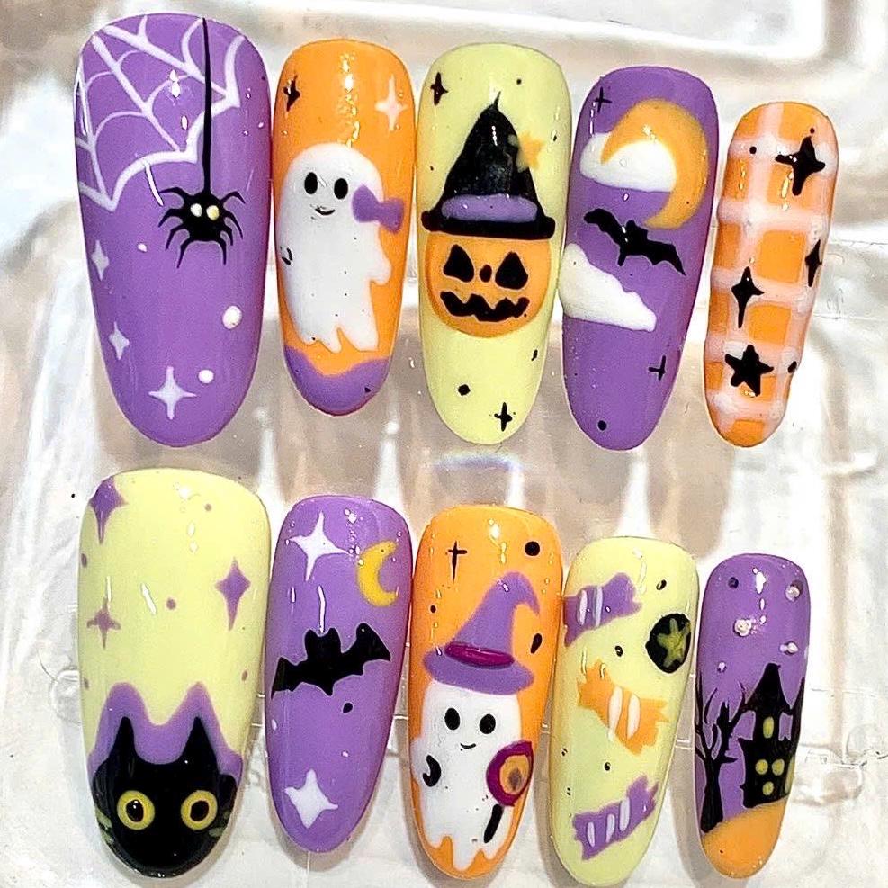 Halloween Press On Nails, Purple Ghost Pumpkin Witch Hat Black Cat Spooky Set