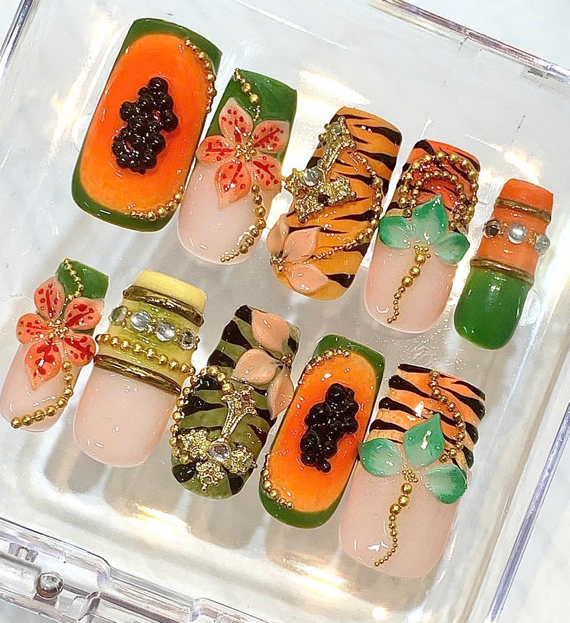 Tropical Fruit Papaya Tiger Print Hibiscus Flower Press On Nails