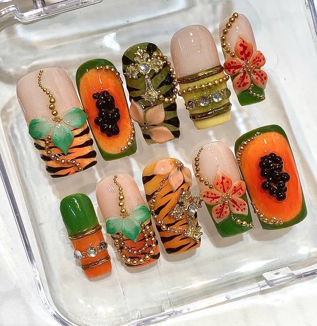 Tropical Fruit Papaya Tiger Print Hibiscus Flower Press On Nails