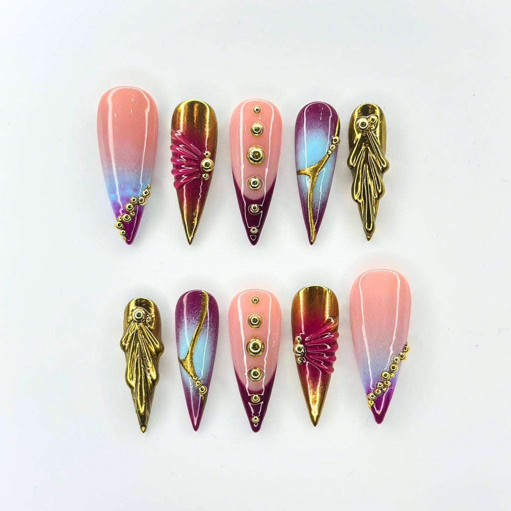 Luxury Press On Nails with Gold Jewelry Charms | Burgundy 3D Long Stiletto Nails | Elegant Chrome Nail Art for Fall, Party |JB546UC