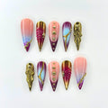 Luxury Press On Nails with Gold Jewelry Charms | Burgundy 3D Long Stiletto Nails | Elegant Chrome Nail Art for Fall, Party |JB546UC