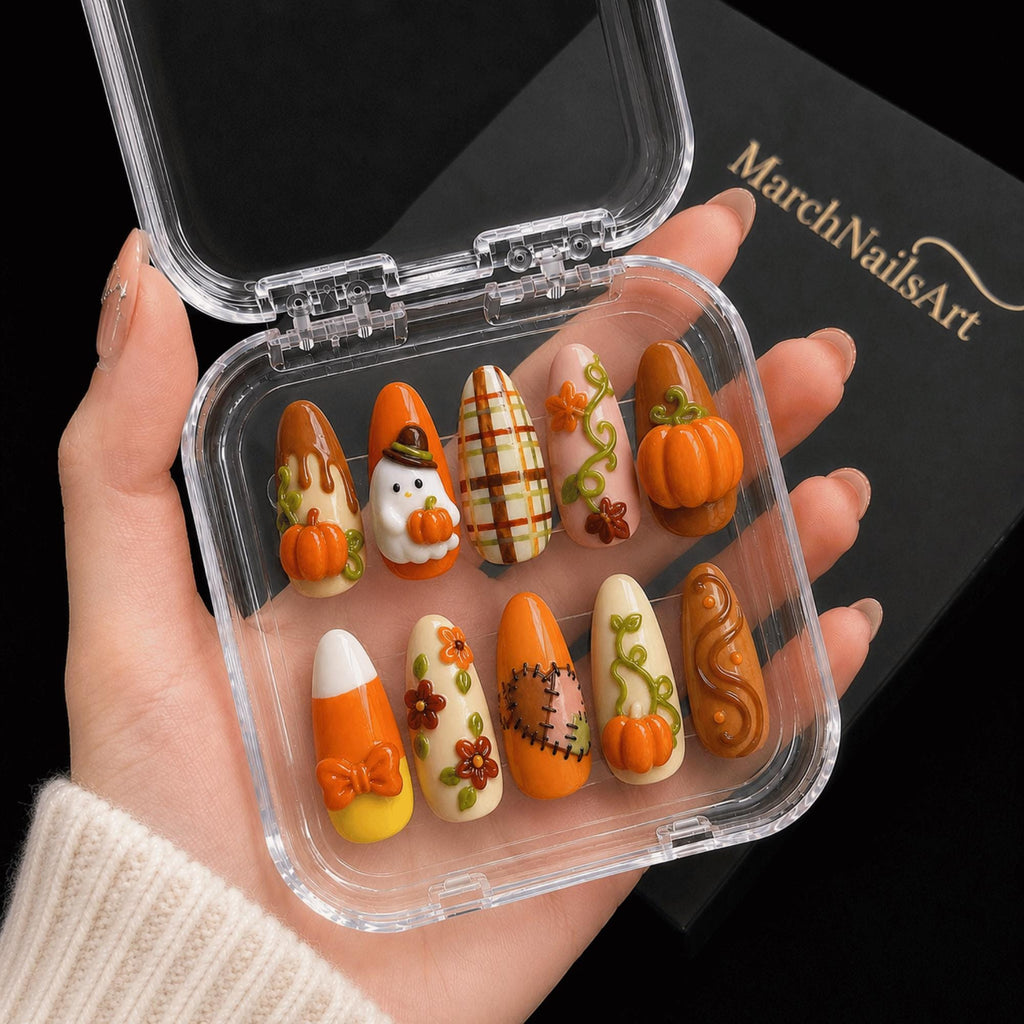 Handmade Fall Press On Nails, 3D Pumpkin Ghost, Plaid Candy Corn Nail Set