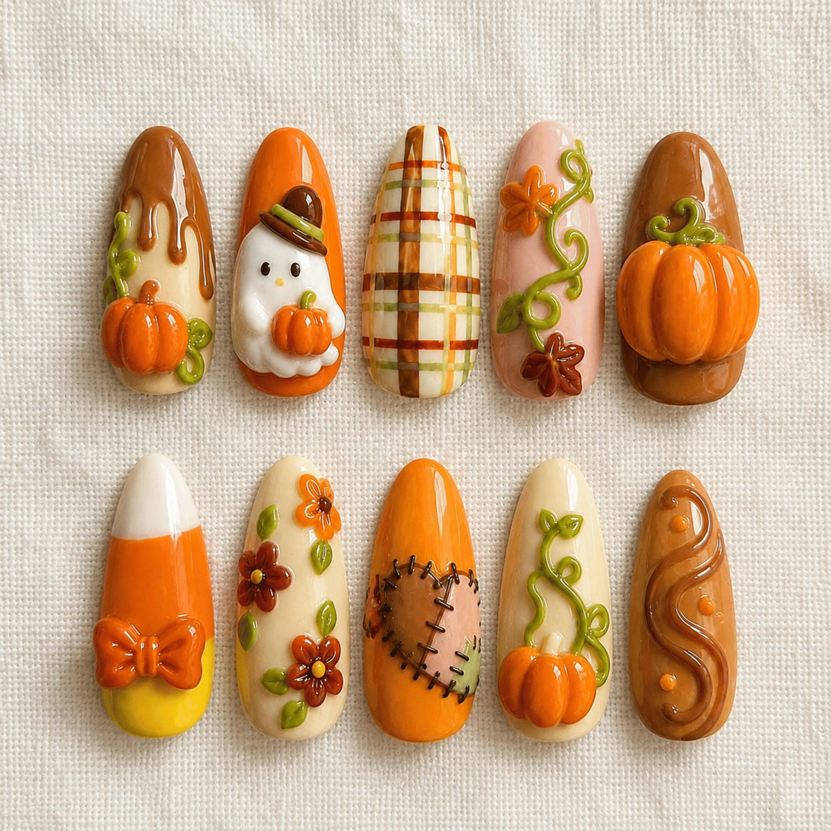 Handmade Fall Press On Nails, 3D Pumpkin Ghost, Plaid Candy Corn Nail Set
