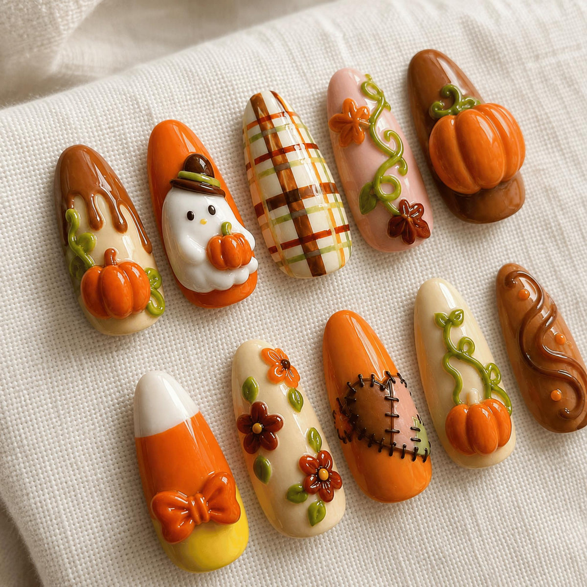 Handmade Fall Press On Nails, 3D Pumpkin Ghost, Plaid Candy Corn Nail Set
