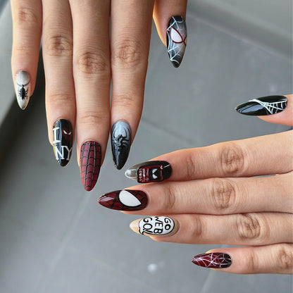 Spider Web Press On Nails with Comic Art | Red Black Superhero Almond Nails | Gothic Web Nail Art for Halloween & Cosplay | JB490UC