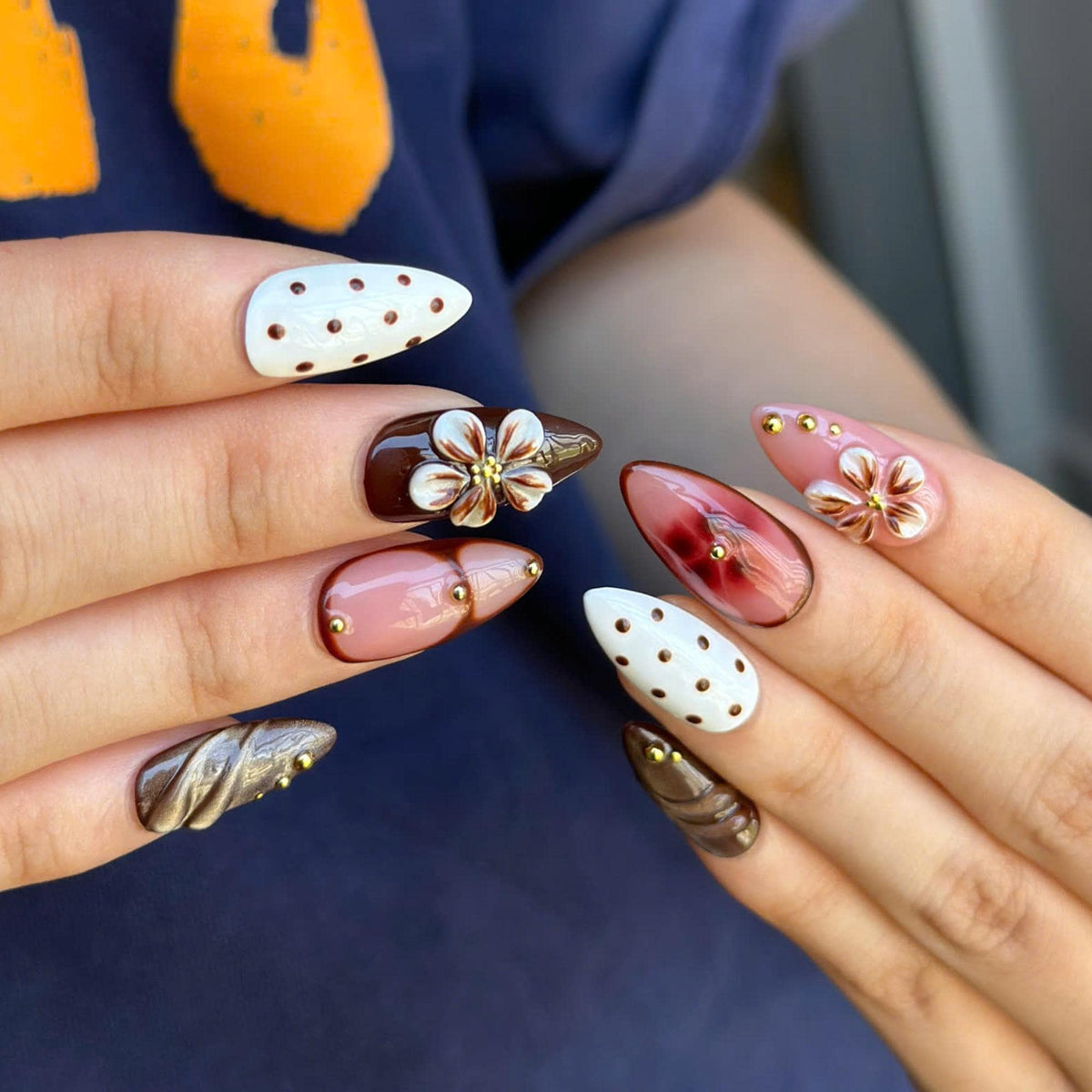 Autumn Floral Press On Nails with 3D Flower | Chocolate Brown Almond Nails | Vintage Botanical Nail Art for Fall, Thanksgiving | JB502UI