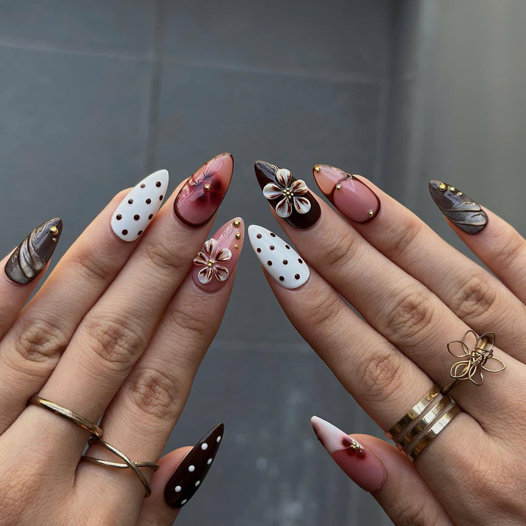 Autumn Floral Press On Nails with 3D Flower | Chocolate Brown Almond Nails | Vintage Botanical Nail Art for Fall, Thanksgiving | JB502UI