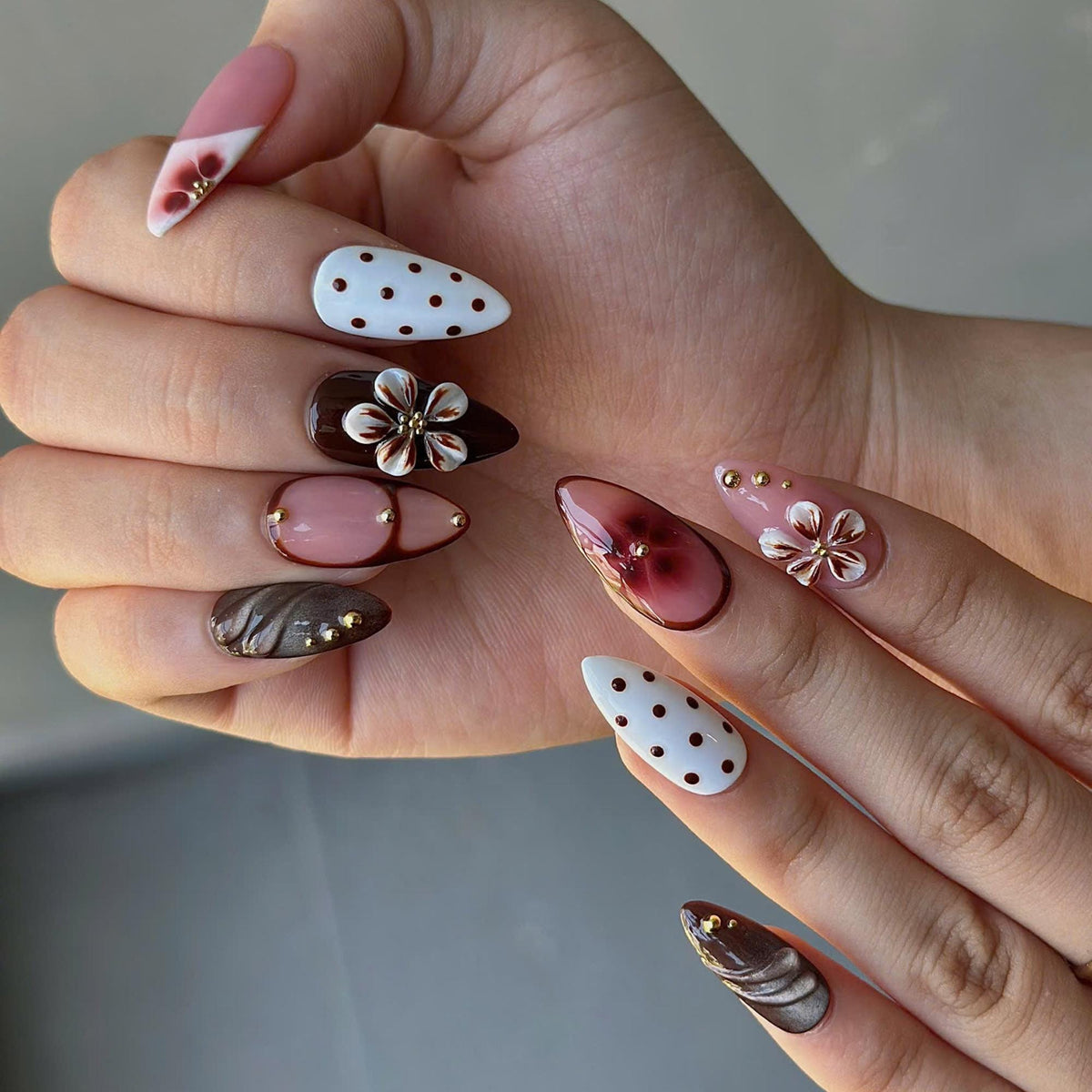 Autumn Floral Press On Nails with 3D Flower | Chocolate Brown Almond Nails | Vintage Botanical Nail Art for Fall, Thanksgiving | JB502UI