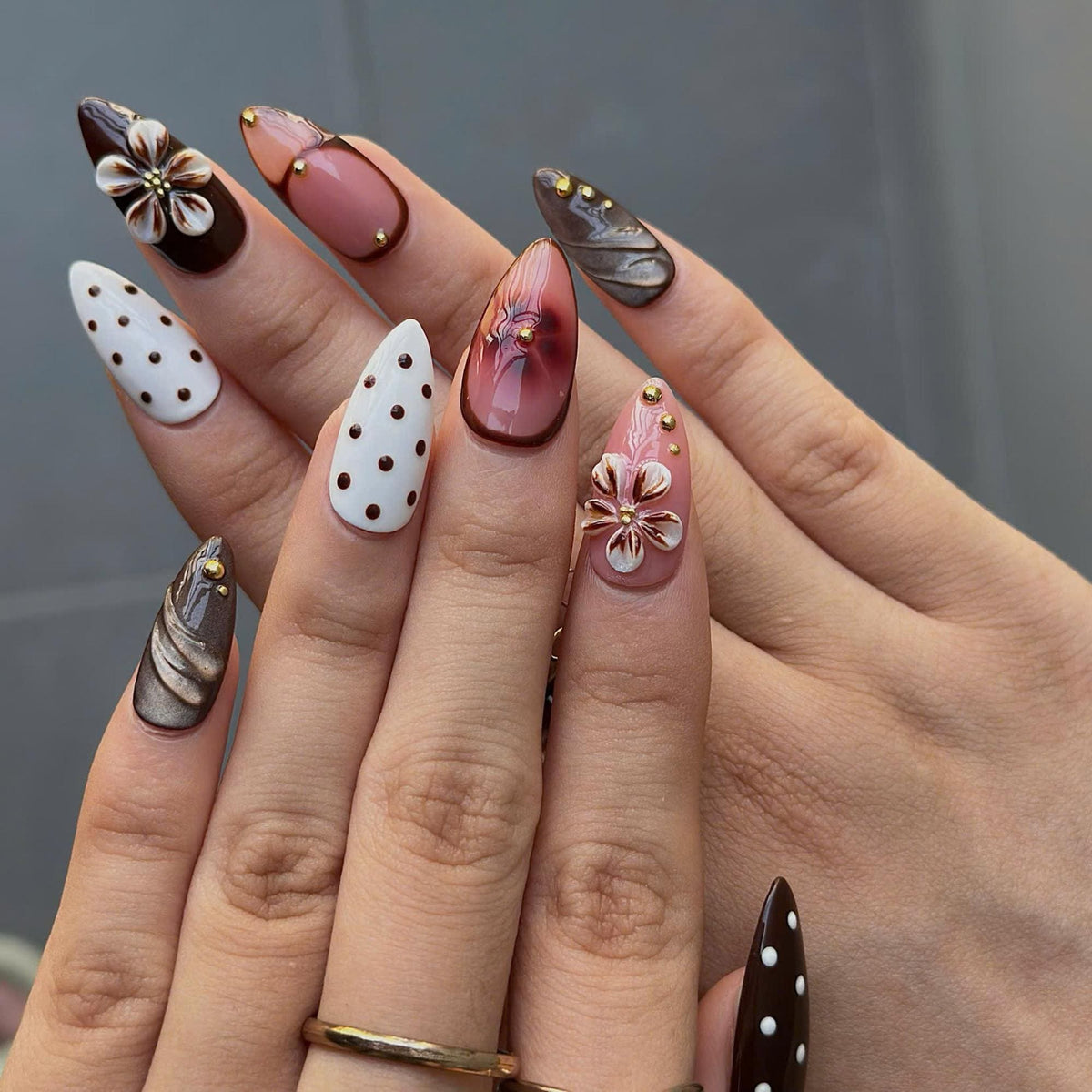 Autumn Floral Press On Nails with 3D Flower | Chocolate Brown Almond Nails | Vintage Botanical Nail Art for Fall, Thanksgiving | JB502UI