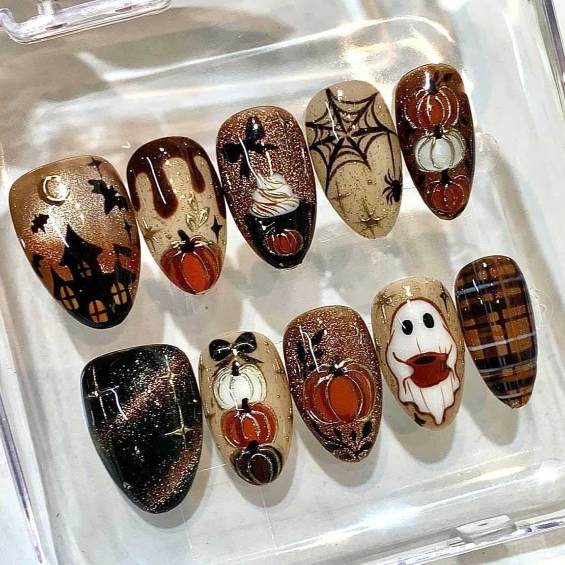 Halloween Press On Nails | Haunted House, Ghost, Pumpkin Designs (Reusable Fake Nails)