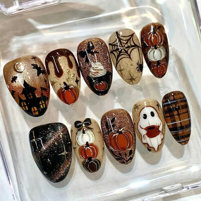 Halloween Press On Nails | Haunted House, Ghost, Pumpkin Designs (Reusable Fake Nails)