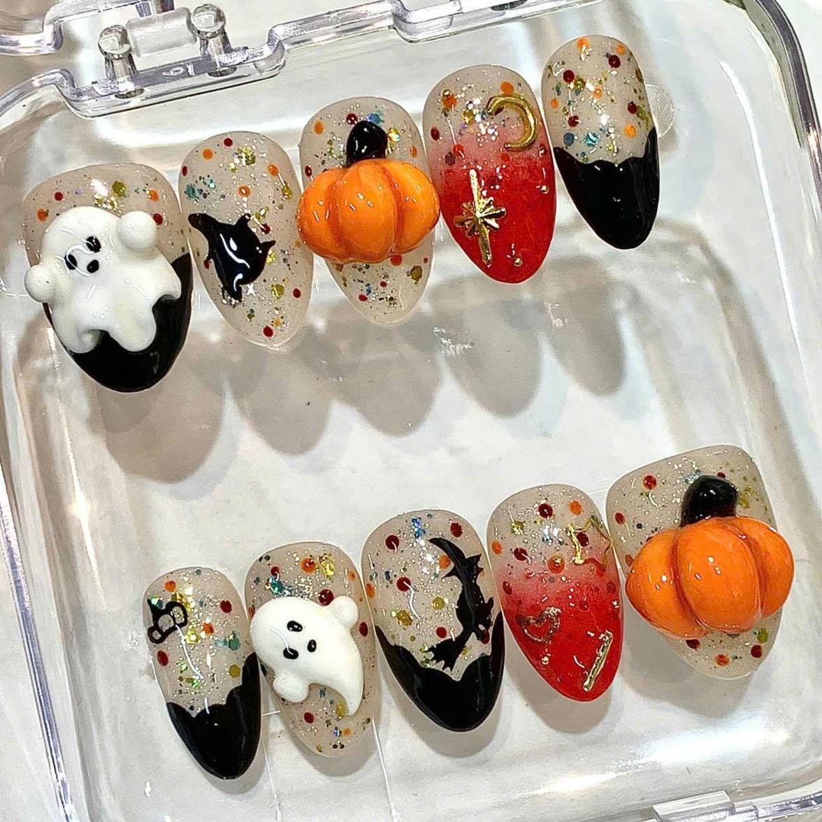 3D Ghost & Pumpkin Press On Nails: Spooky Halloween False Nails