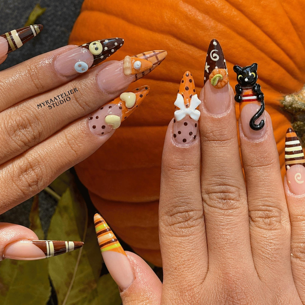 Fall Pumpkin Press On Nails, Brown Orange 3D Stiletto Nail Set