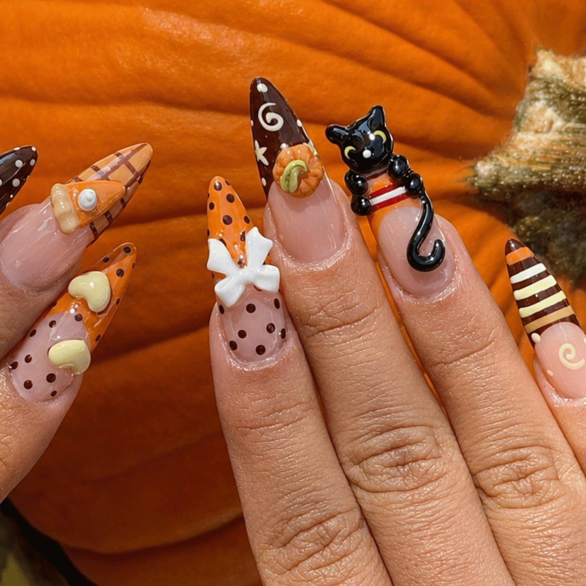 Fall Pumpkin Press On Nails, Brown Orange 3D Stiletto Nail Set