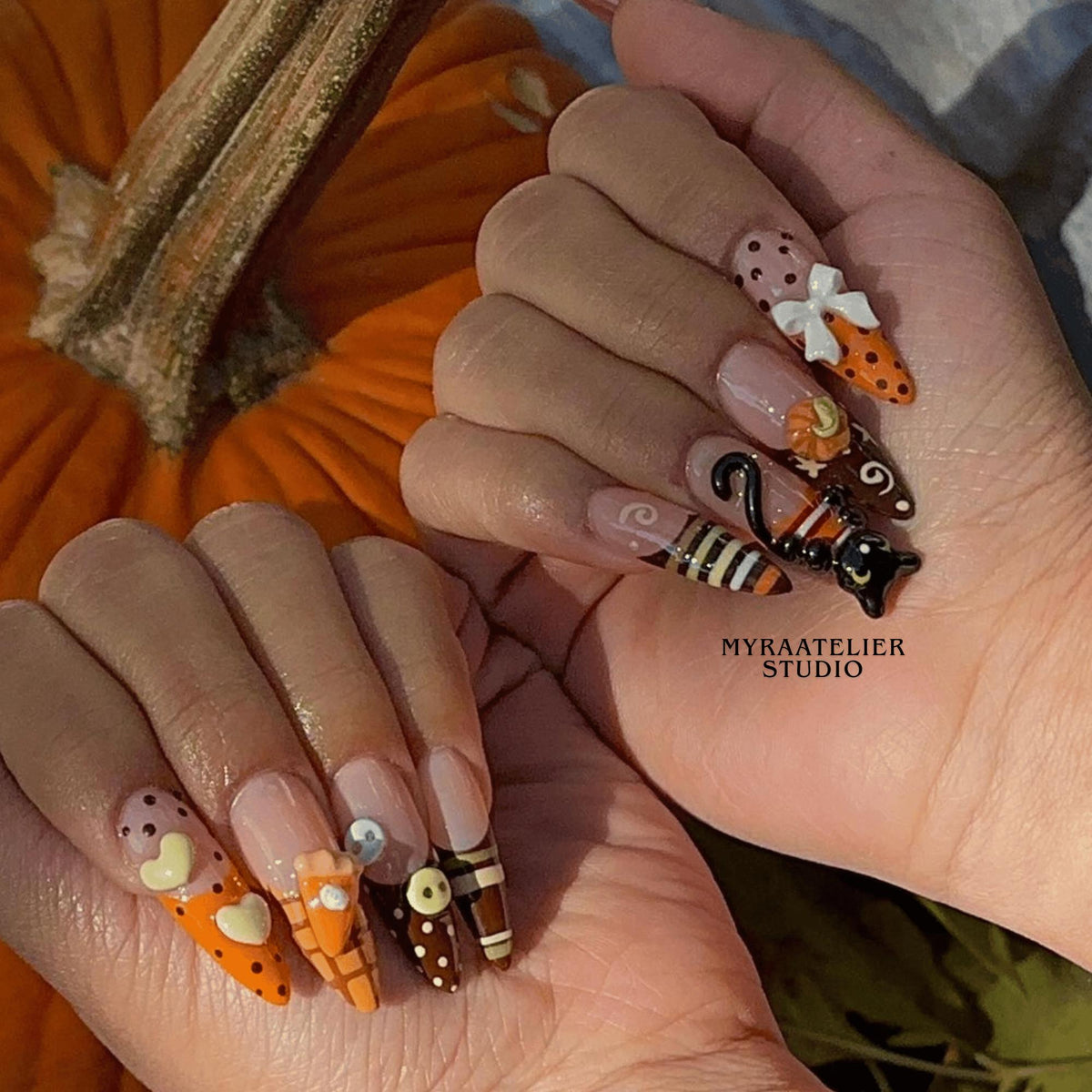 Fall Pumpkin Press On Nails, Brown Orange 3D Stiletto Nail Set