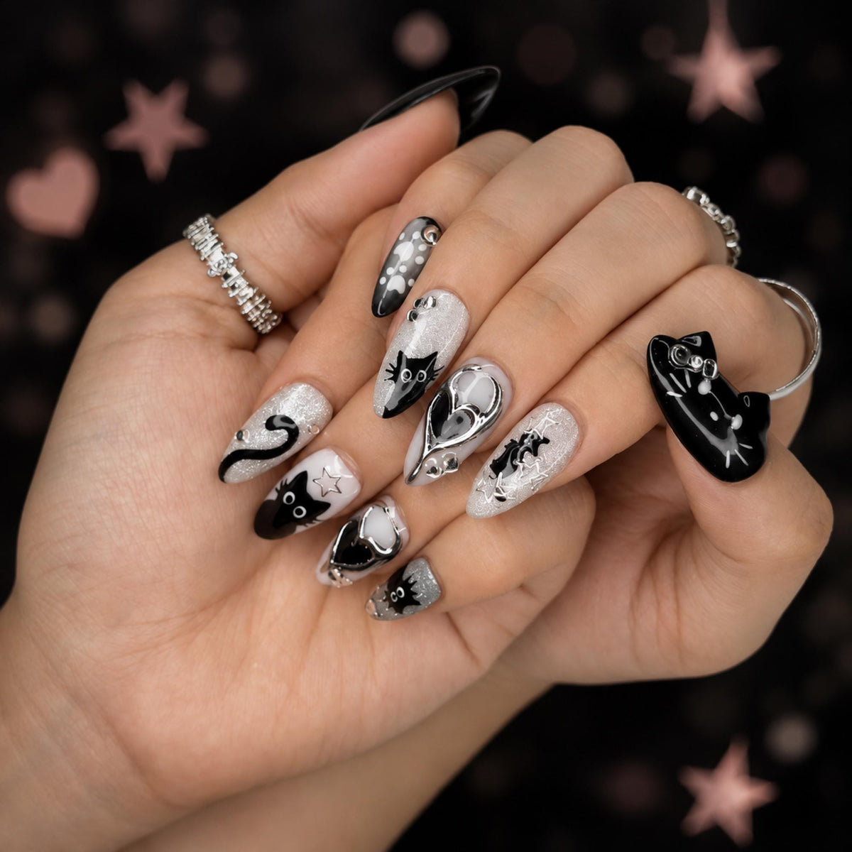 Black Cat Press On Nails with Chrome Heart , Gothic Silver Glitter Fake Nails , Handmade Celestial Nails for Halloween  Nails Set , JB478WC