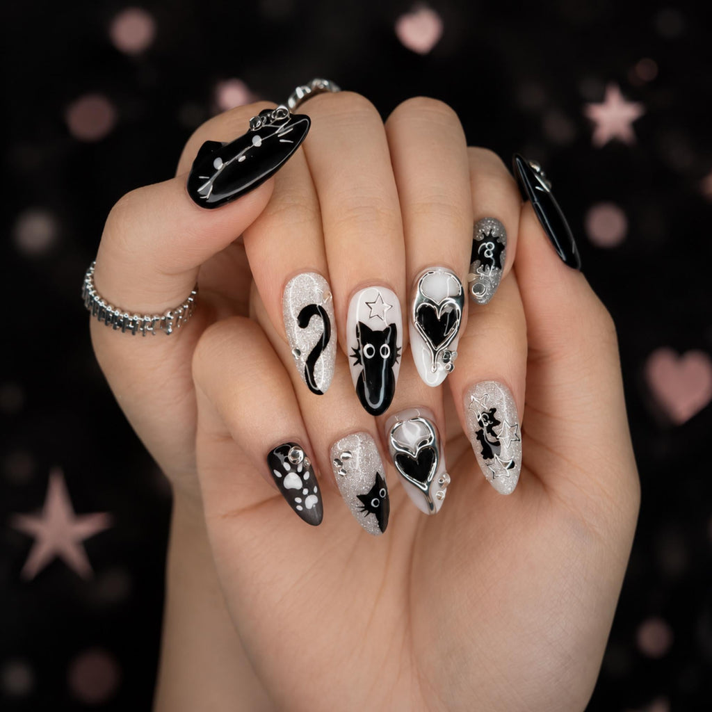 Black Cat Press On Nails with Chrome Heart , Gothic Silver Glitter Fake Nails , Handmade Celestial Nails for Halloween  Nails Set , JB478WC