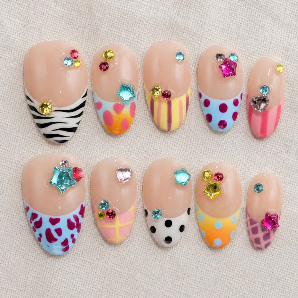 Colorful Y2K Press On Nails, Funky Pop Art French Tips