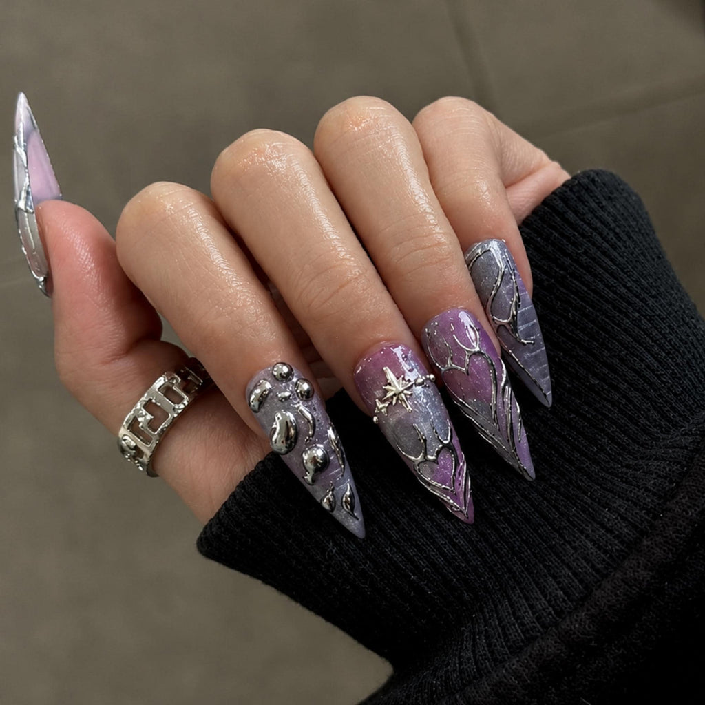 Silver Chrome Press On Nails with 3D Metallic Art , Purple Long Stiletto Nails , Futuristic Y2K Fake Nails for Party | JB492WG