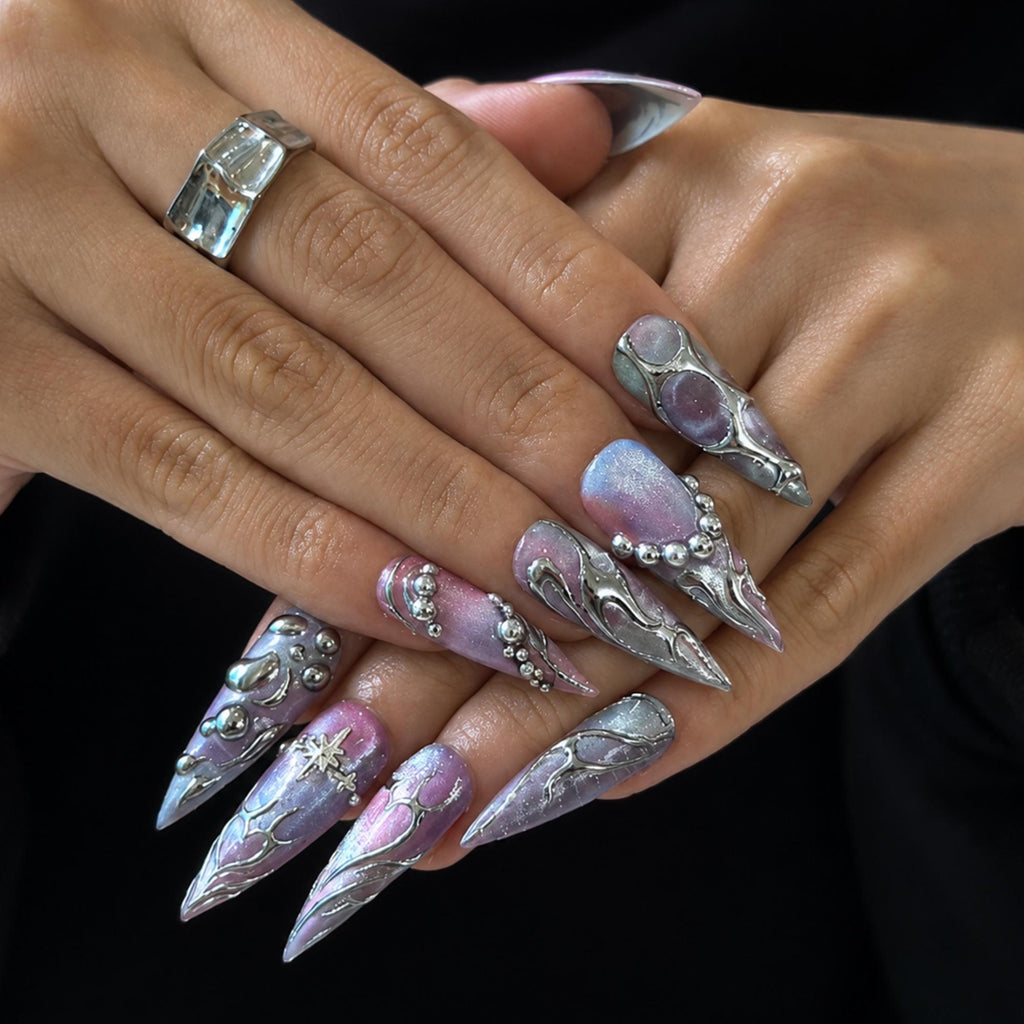 Silver Chrome Press On Nails with 3D Metallic Art , Purple Long Stiletto Nails , Futuristic Y2K Fake Nails for Party | JB492WG