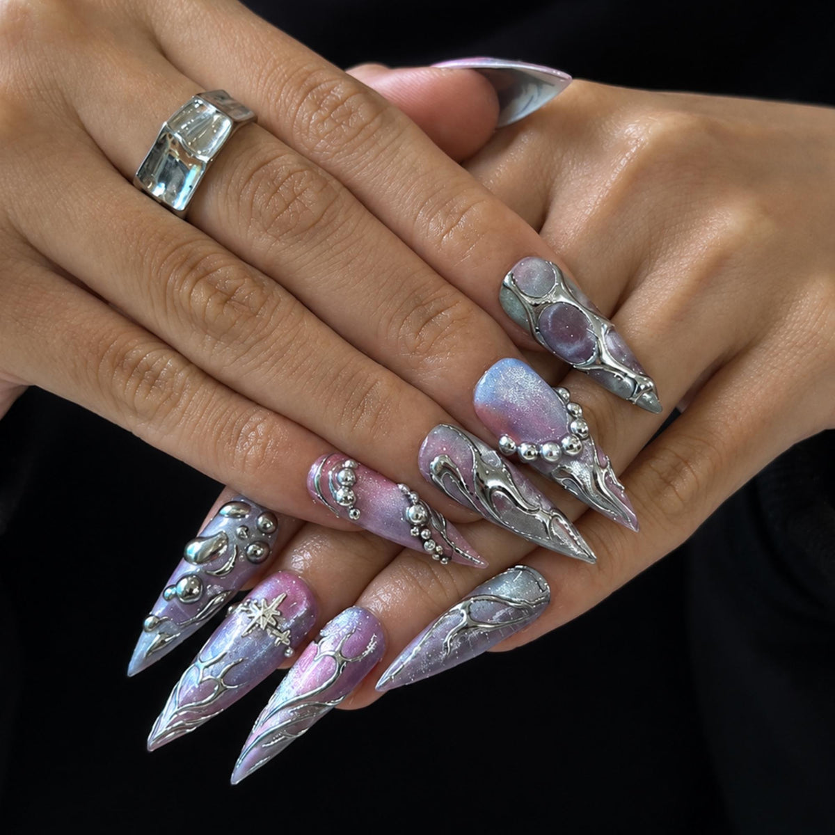 Silver Chrome Press On Nails with 3D Metallic Art , Purple Long Stiletto Nails , Futuristic Y2K Fake Nails for Party | JB492WG