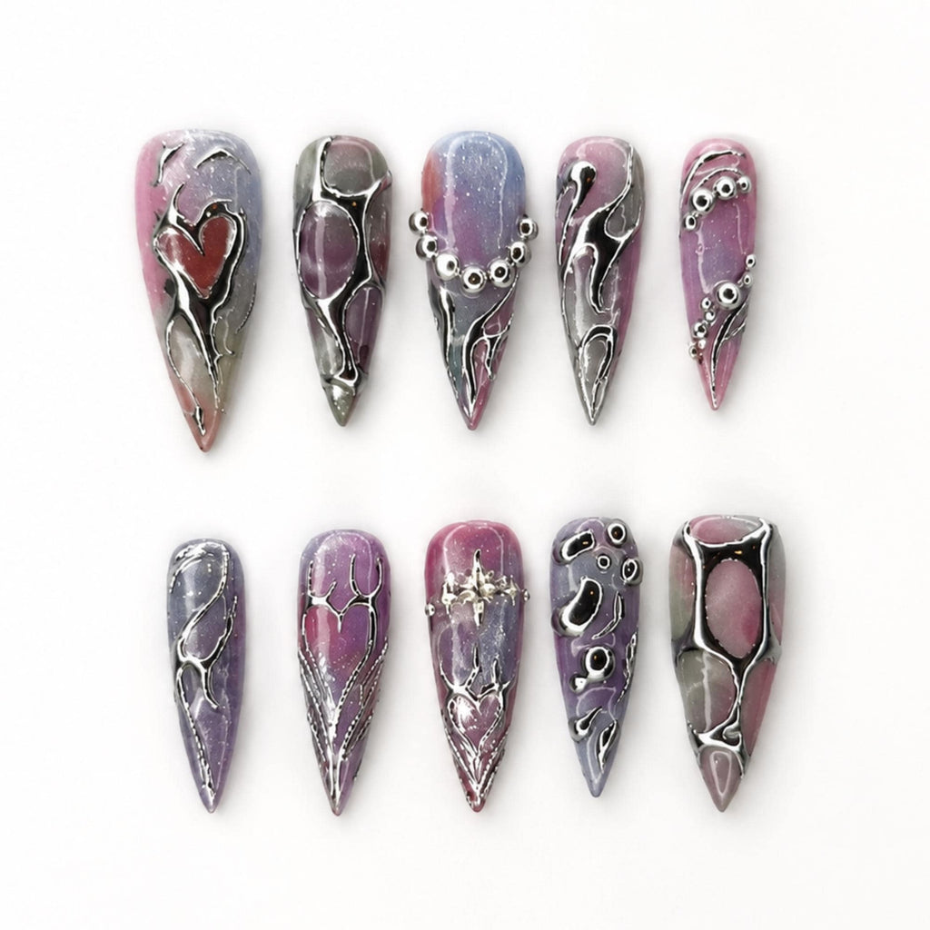 Silver Chrome Press On Nails with 3D Metallic Art , Purple Long Stiletto Nails , Futuristic Y2K Fake Nails for Party | JB492WG