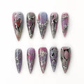 Silver Chrome Press On Nails with 3D Metallic Art , Purple Long Stiletto Nails , Futuristic Y2K Fake Nails for Party | JB492WG