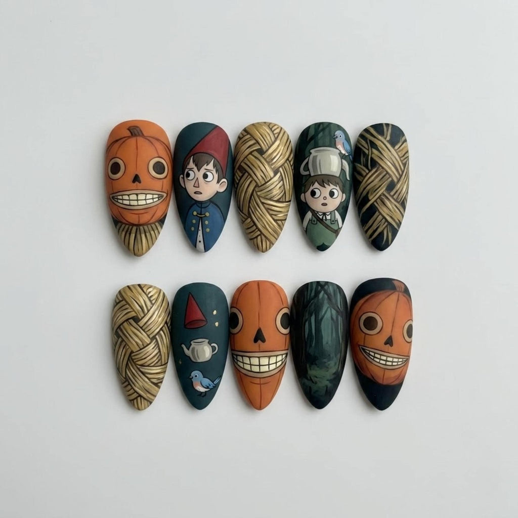 Hand Painted Press On Nails | Over The Garden Wall | Vintage Matte Almond Nails | Woven Straw & Pumpkin Nails | Cartoon Character Nails