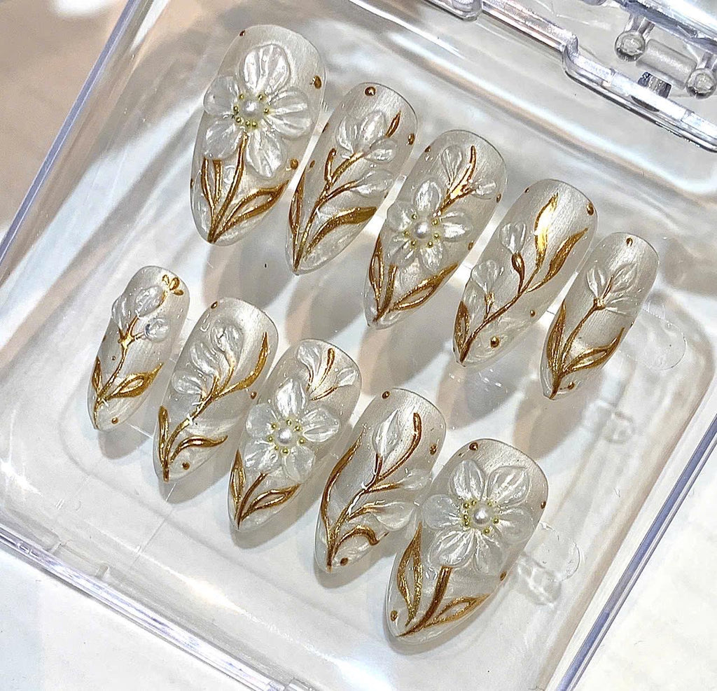 Pearly White Almond Press On Nails, Gold Floral 3D Bridal Wedding Set