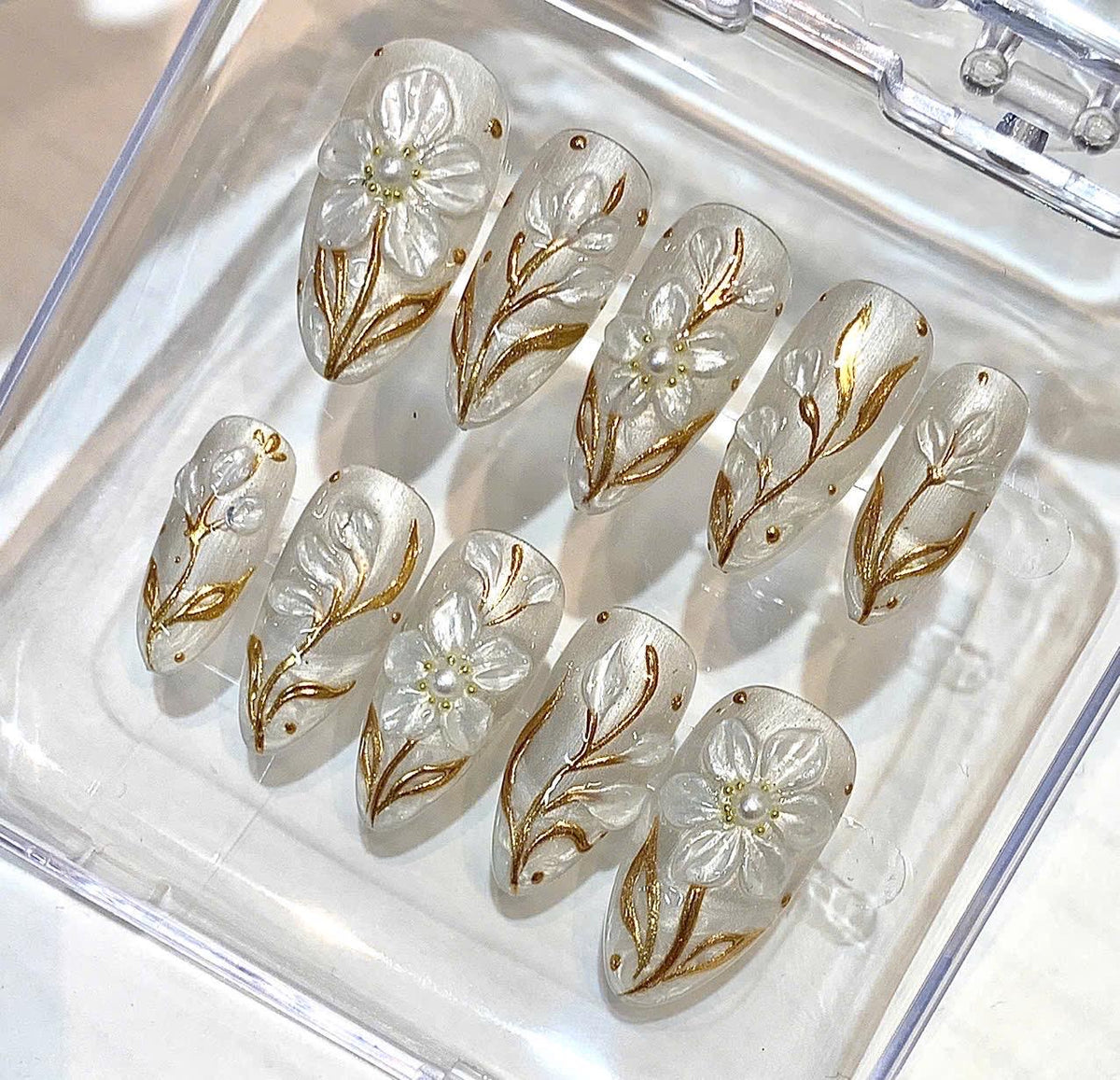 Pearly White Almond Press On Nails, Gold Floral 3D Bridal Wedding Set