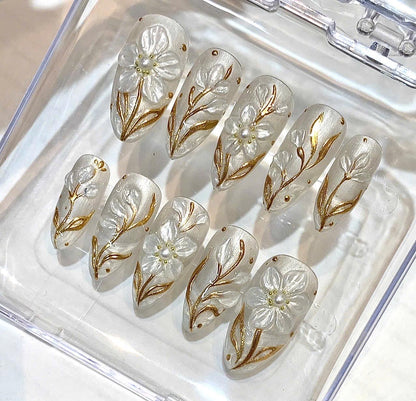 Pearly White Almond Press On Nails, Gold Floral 3D Bridal Wedding Set