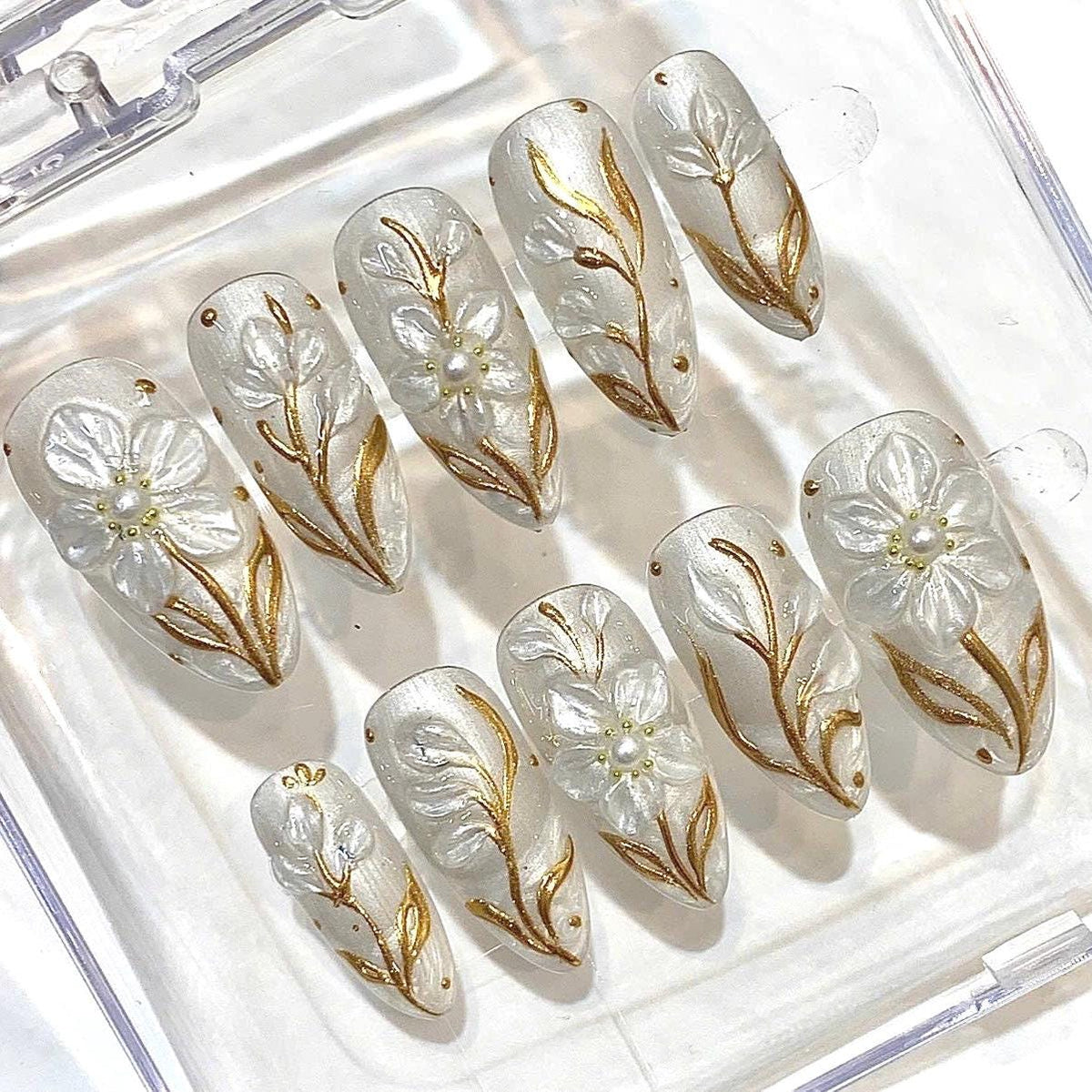Pearly White Almond Press On Nails, Gold Floral 3D Bridal Wedding Set