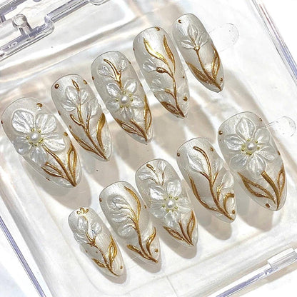 Pearly White Almond Press On Nails, Gold Floral 3D Bridal Wedding Set