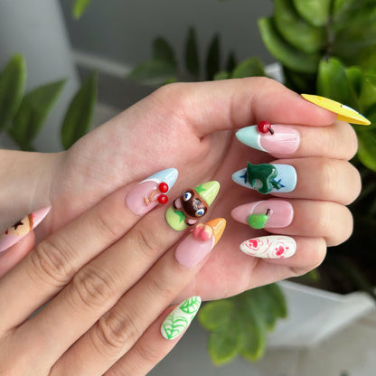 Cozy Game Press On Nails with Cute Animal Charms | Pastel Island Life Almond Nails | Kawaii Gamer Nail Art for Gaming Lover Gift | JB500UC