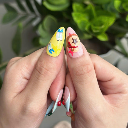 Cozy Game Press On Nails with Cute Animal Charms | Pastel Island Life Almond Nails | Kawaii Gamer Nail Art for Gaming Lover Gift | JB500UC