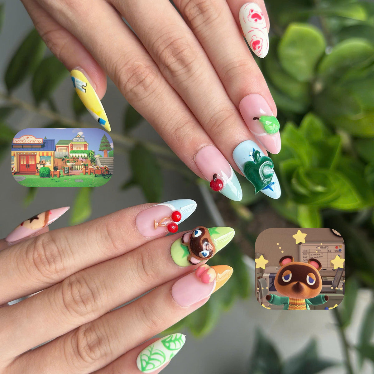 Cozy Game Press On Nails with Cute Animal Charms | Pastel Island Life Almond Nails | Kawaii Gamer Nail Art for Gaming Lover Gift | JB500UC
